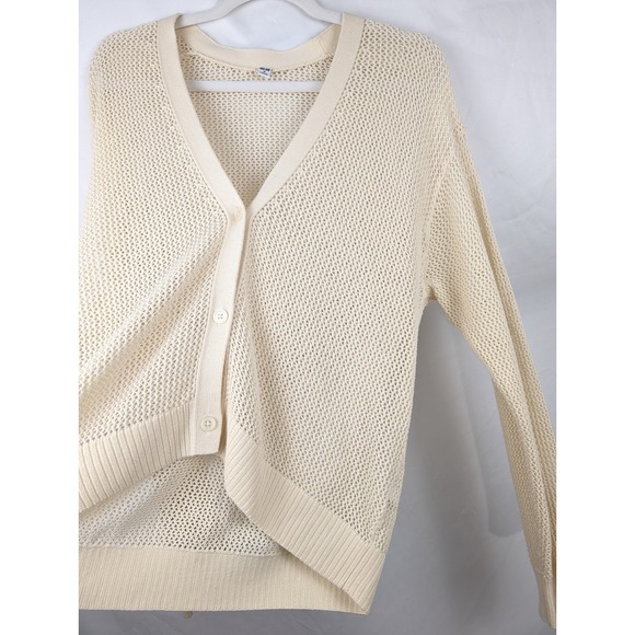 Uniqlo 100% Cotton Mesh Knit V Neck Cardigan Cream M Open Knit Boho Beach Layer - Picture 4 of 9